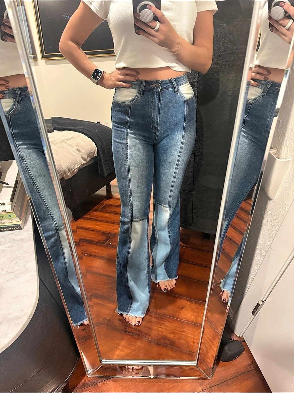 Color Block Flare Jeans in Blue Like New